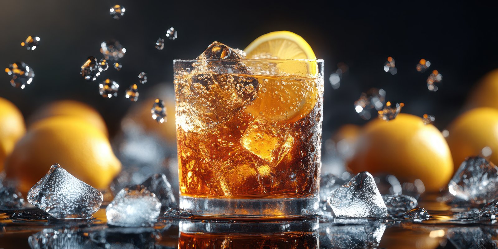 Refreshing drink with ice and citrus displayed on a glossy surface in a dimly lit setting